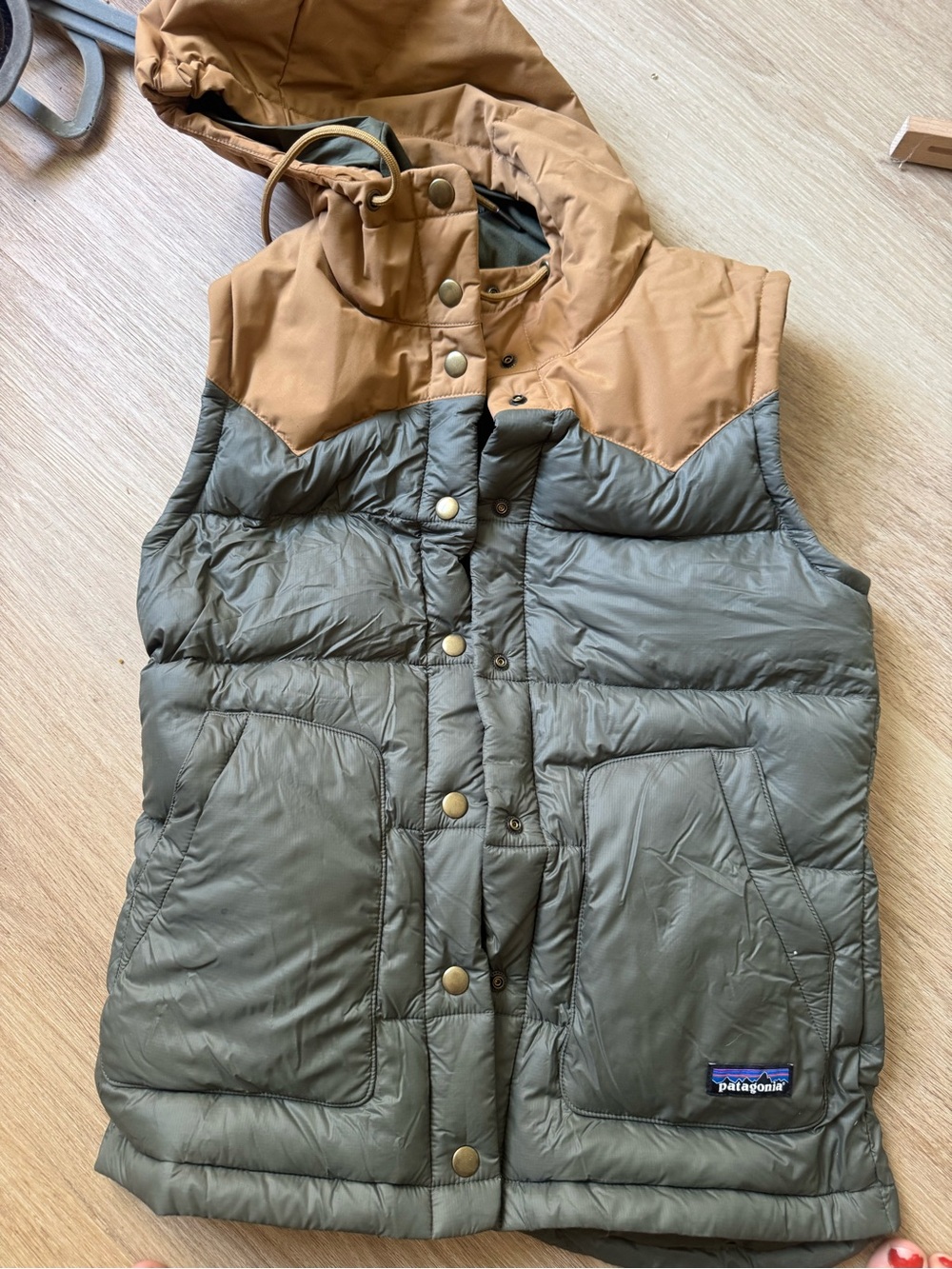 Patagonia Kids Olive & Tan Hooded Puffer Vest